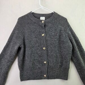 H&M Cardigan Sweater Womens Large L Gray Excellent Gold Button Ribbed Knit